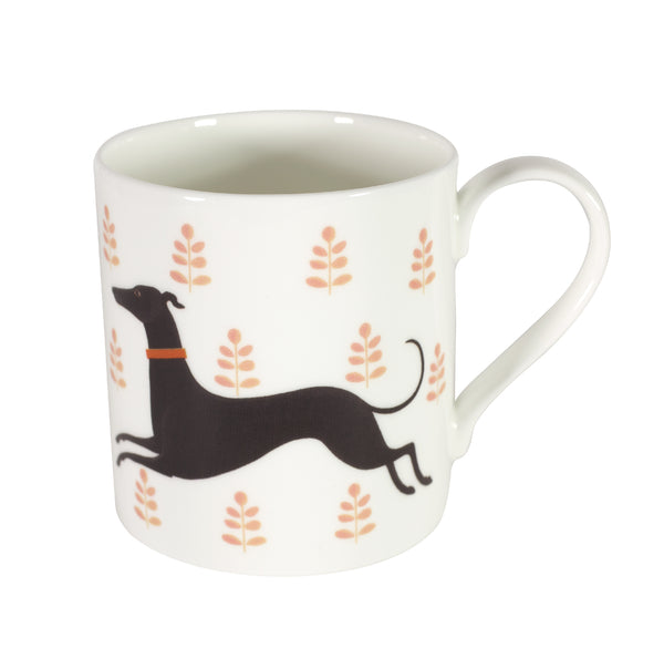 Two-sided fine bone china mug depicting a house on one side and hound on the other side