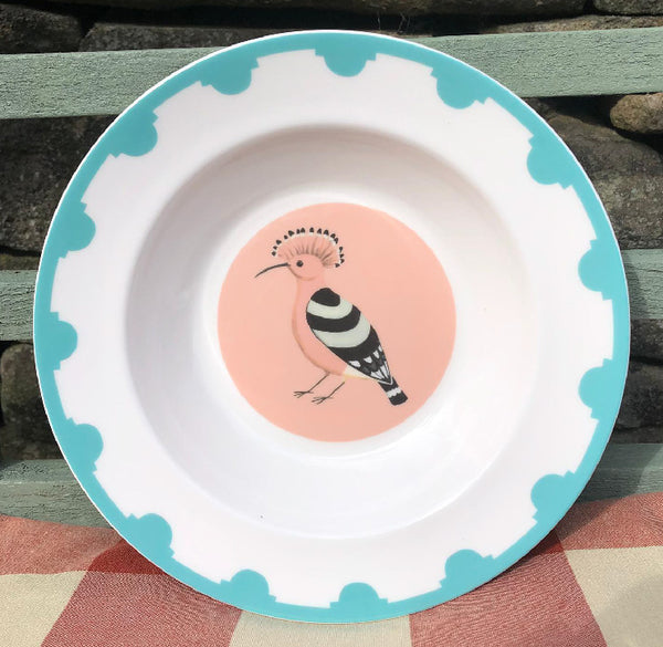 Blue bordered fine bone china plate with a hoopoe in the centre
