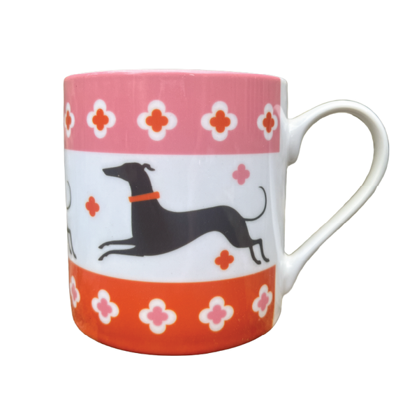 Fine bone china mug depicting three dogs running with an orange and pink border at the top and bottom