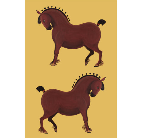  A linen/cotton blend tea towel depicting a couple of horses on a yellow ochre background