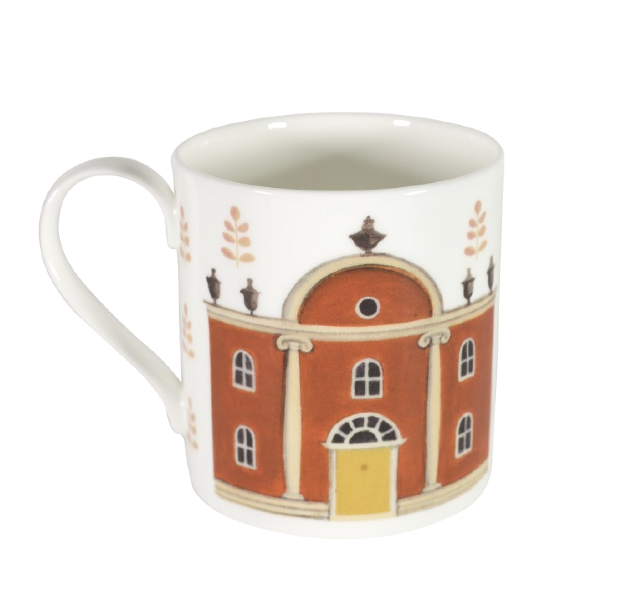 Two-sided fine bone china mug depicting a house on one side and hound on the other side