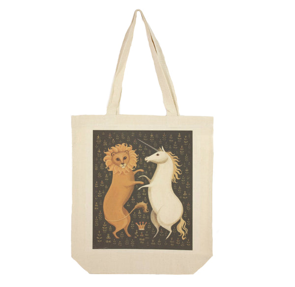 Portrait landscape cotton canvas tote depicting a lion & unicorn