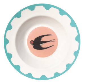 Blue bordered fine bone china plate with a swallow in the centre