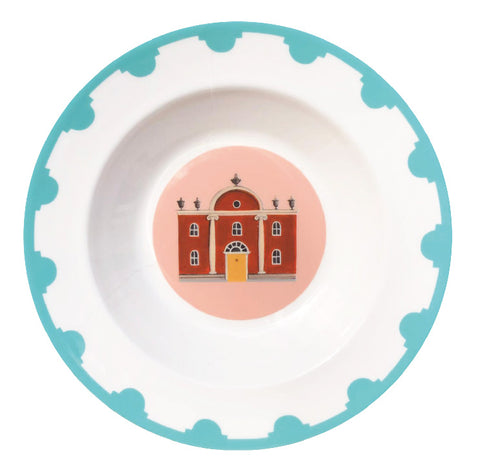 Blue bordered fine bone china plate with a folly in the centre
