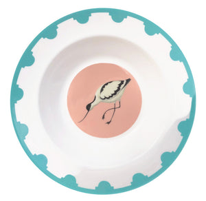 Blue bordered fine bone china plate with an avocet in the centre