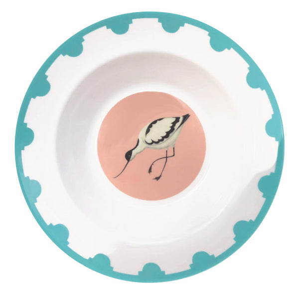 Blue bordered fine bone china plate with an avocet in the centre