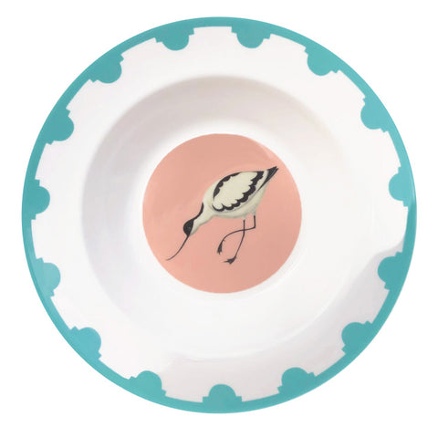 Blue bordered fine bone china plate with an avocet in the centre