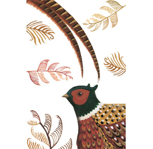 A linen/cotton blend tea towel depicting a pheasant and ferns