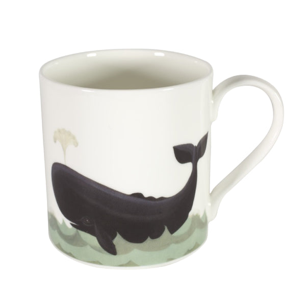 Two-sided fine bone china mug depicting a whale on one side and a whale's tail on the other side