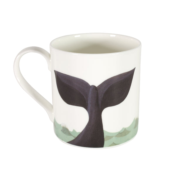 Two-sided fine bone china mug depicting a whale on one side and a whale's tail on the other side