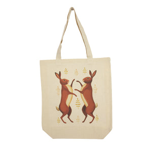 Portrait cotton canvas tote depicting two boxing hares