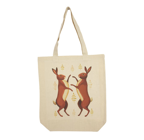 Portrait cotton canvas tote depicting two boxing hares