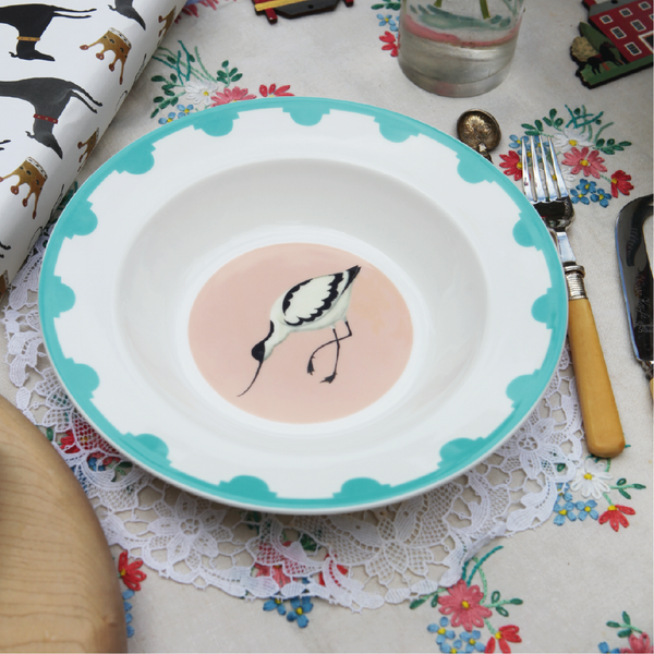 Blue bordered fine bone china plate with an avocet in the centre